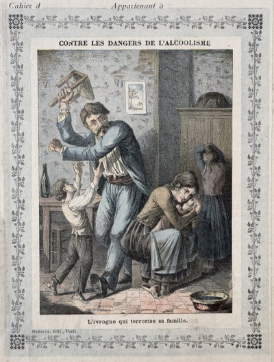 Sarhoş ailesini korkutuyor, bir okul alıştırma kitabının kapağı. yaklaşık 1900 by French School
