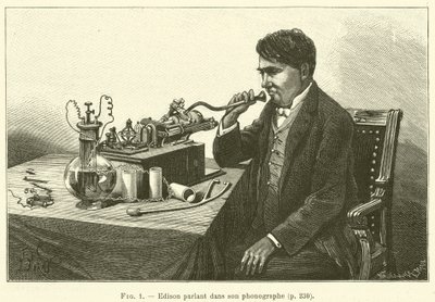 Edison fonografına konuşuyor (gravür) by French School