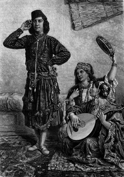 Mısırlı müzisyenler ve dansçılar. Adam zilleri parmaklarının arasında tutar. “” Le Journal de la jeunesse” üzerine gravür by French School