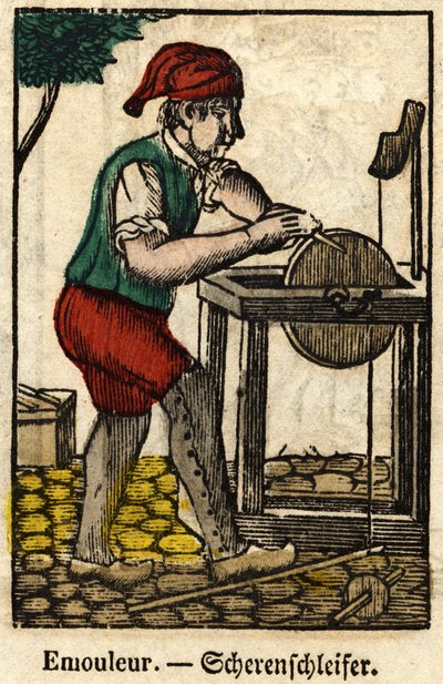 Emouleur (taşlama çarkı ile nesnelerin bilenmesinden oluşur); El sanatları üzerine dizi, 19. yüzyılın Epinal görüntüsü. by French School