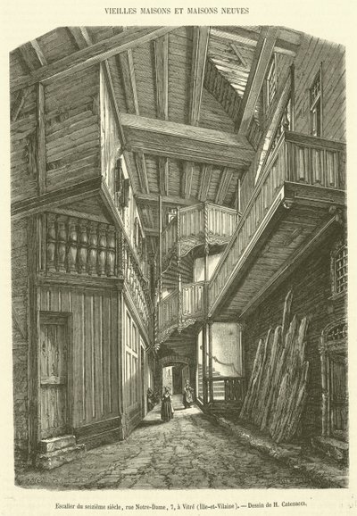 On altıncı yüzyıl merdiveni, rue Notre-Dame, 7, Vitre, Ille-et-Vilaine (gravür) by French School