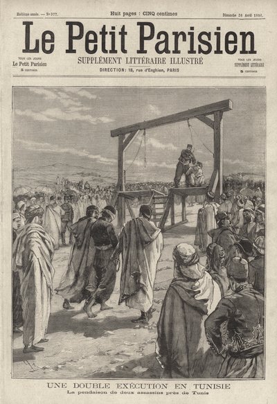 Tunus, Tunus yakınlarında iki suikastçıyı asarak infaz (gravür) by French School