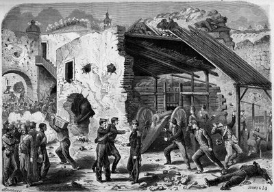Meksika seferi (1861-1867) - Puebla kuşatması - 1863: Fransız ordusu tarafından bir çerçeveye (ev bloğu) saldırı. Şehrin içine girdikten sonra, Fransız askerleri çeyrek çeyrek savaşmak zorunda kaldı. "Dünya I" de gravür by French School