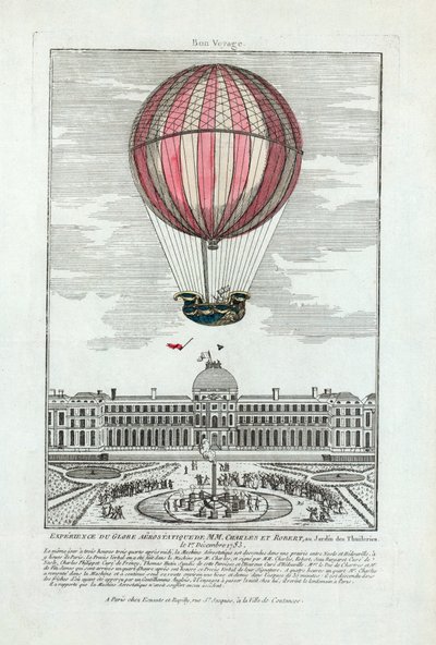MM'nin aerostatik küresinin deneyimi. Charles ve Robert, 1 Aralık 1783'te Jardin des Thuileries'de, pub. 1783 (el boyaması gravür) by French School