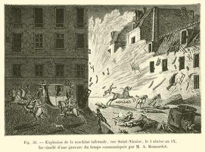 Cehennem makinesinin patlaması, rue Saint-Nicaise, 3 Nivose Year IX, M A Bonnardot tarafından iletilen bir zaman gravürünün tıpkıbasımı by French School