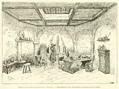 Emek retrospektif sergisi, 17. yüzyılda bir kimyager laboratuvarının yeniden inşası (gravür) by French School