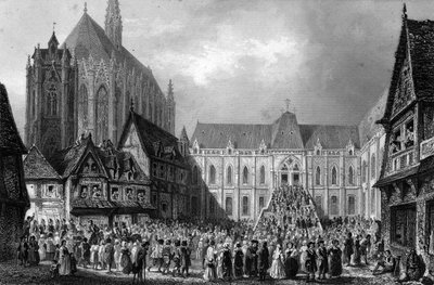 Adliye binasının dış görünümü. Victor Hugo'nun 1844 tarihli "Notre Dame de Paris" adlı eserinde. by French School
