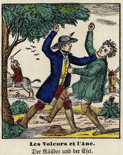 Fables de La Fontaine: hırsızlar ve eşek. Epinal