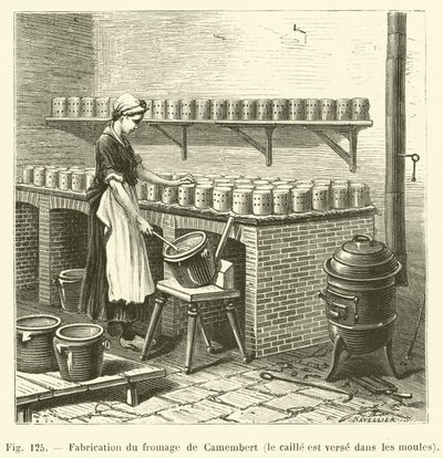Camembert peyniri üretimi, bıldırcın kalıplara dökülerek (gravür) by French School