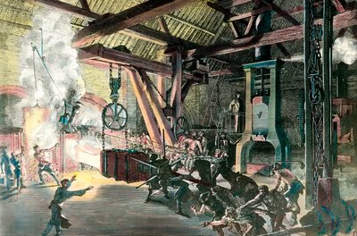 Fabrika: “” Le hamteau davulcusu (çekiçli davulcu) des forges du Creusot in 1865”” 1865 civarında gravür. Özel koleksiyon by French School