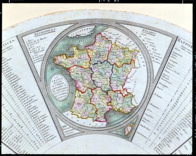 Fransa Haritasını 9 bölgeye, 10 metropole ve 83 bölüme ayrılmış olarak gösteren yelpaze, 1790 by French School