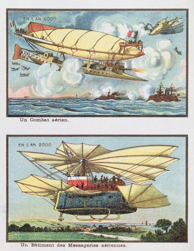 2000 yılında bir hava savaşının ve yük taşımak için bir uçağın fantezi tasvirleri, c.1910 by French School