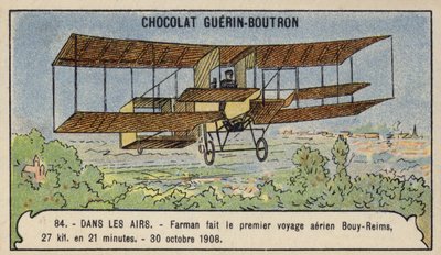 Farman, Avrupa'daki ilk kros uçak uçuşunu yapıyor, Bouy'den Reims, Fransa, 30 Ekim 1908 (chromolitho) by French School
