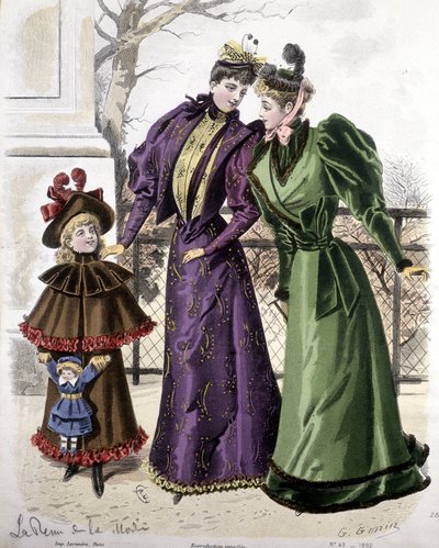 Moda: 2 kadın ve elinde oyuncak bebek tutan bir kız. 1892 by French School