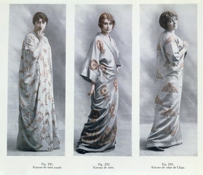 Kimono tasarımlarını gösteren moda levhaları, Le Jardin des Modes Nouvelles'den çizimler, 15 Nisan 1913 by French School
