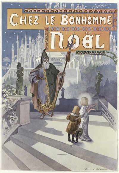 Noel Baba, bir meleğin eşlik ettiği küçük bir çocukla tanışıyor by French School