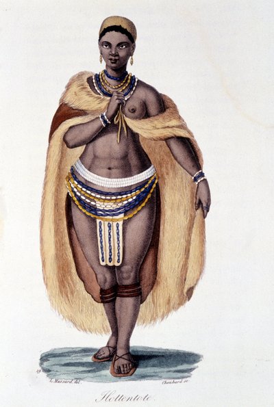 Geleneksel kostümlü Hottentot kadın (Hottentot Venüs) - Albert Montémont'un yazdığı "" Bibliotheque Universelle des voyages"da, ed. Armand Aubree by French School
