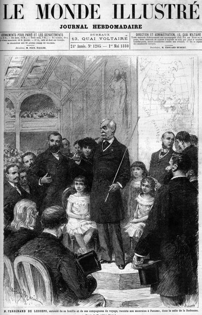 Ferdinand de Lesseps ailesi ve yol arkadaşlarıyla çevrilidir ve Salle de la Sorbonne