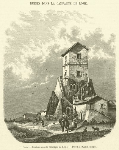 Roma kırsalında çiftlik ve mezar (gravür) by French School