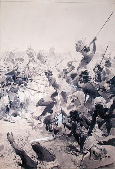 Zulus ve İngiliz Askerleri arasındaki mücadele, c.1878 (kağıt üzerine suluboya) by French School