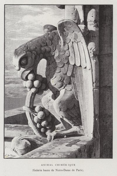 Notre Dame de Paris'in üst galerisinden kimerik bir hayvan figürü (lito) by French School