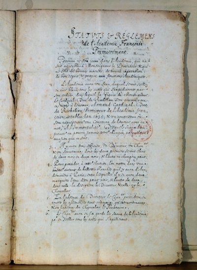 Fransız Akademisi tüzüğünün ilk sayfası, 1635 (kağıt üzerine mürekkep) (ayrıca bkz. 179947) by French School