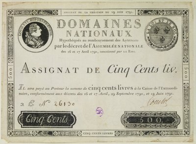 Beş yüz liralık banknot, 19 Haziran 1791 by French School