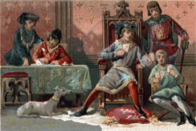 Dikkati dağıtmak için, Fransa Kralı Charles VI (1368-1422) kağıt oynardı. 1890 civarında kromolitografi. by French School