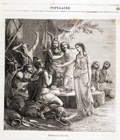 Marsilya'nın kuruluşu: Fransız şehri MÖ 600'de Yunan denizciler tarafından kuruldu. Henri Martin'in "Histoire de France populaire" gravürü. 19. yüzyıl by French School
