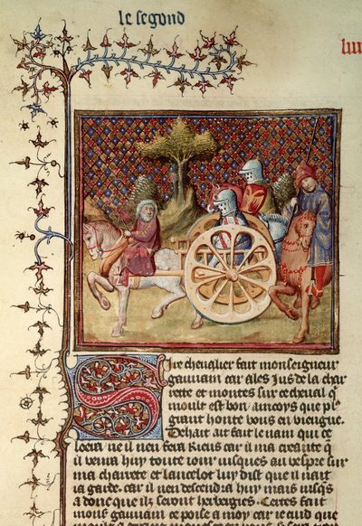 Fr.119 fol.312v Lancelot, Arabanın Şövalyesi, 1344 by French School