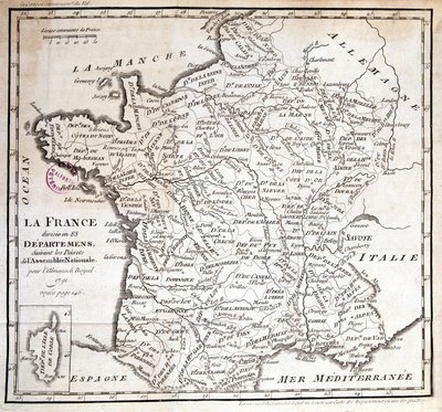 Fransa, 1791 Ulusal Meclisi kararnamelerini takiben 83 bölüme ayrıldı. by French School
