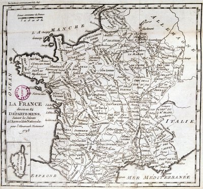 Fransa, 1793 Ulusal Meclisi kararnamelerini takiben 84 bölüme ayrıldı. by French School