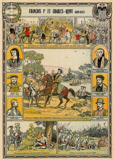 Fransa Kralı I. Francis ve Kutsal Roma İmparatoru V. Charles, 'Histoire de France'dan illüstrasyon by French School