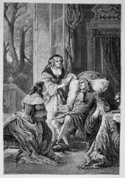 Francois de la Rochefoucauld (1613-1680), Mademoiselle de Sevigne (Marie de Rabutin-Chantal), Marquise de Sevigne dit Madame de Sevigne (1626-1696) ve Marie-Madeleine (Marie Madeleine) Pioche de La Vergne, Lafayette kontesi ile konuşuyor (Bayan F by French School