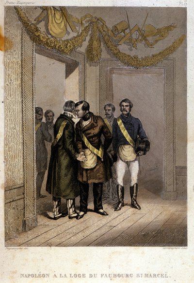 Freemaking: Napolyon Joseph Charles Paul Bonaparte, lakaplı Prens Jerome veya Plonplon, Faubourg Saint Marcel Tapınağı'nın girişinde tanımlanıyor. Masonluğun ve Kadim Gizli Cemiyetlerin Pitoresk Tarihinden “” Gravür by French School