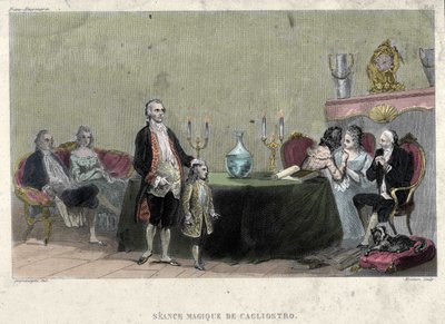 Freemaking: Cagliostro Kontu Alexander olarak bilinen Giuseppe Balsamo tarafından yapılan sihir seansı (1743 - 1795). F.-TB Clavel'in ““Masonluğun ve Eski ve Modern Gizli Derneklerin Pitoresk Tarihi”nden gravür. Pagnerre, editör by French School