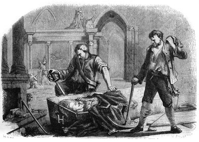 Fransız Devrimi (Konvansiyon): 1793'te Saint Denis kilisesinin kraliyet mezarlarına saygısızlık sırasında Kral IV. Henry'nin (1553-1610) tabutunun açılması. 1860'tan kalma gravür. by French School