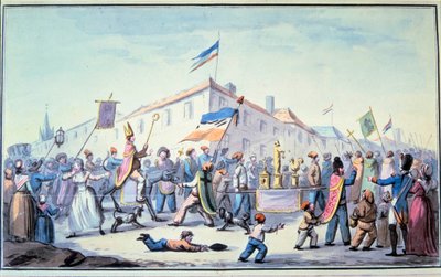 Fransız Devrimi: “” Halkın rahip kıyafeti giydiği Maskeli Balo””. Anonim suluboya. 1793. Paris, L