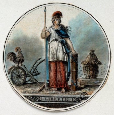 Fransız Devrimi: Bir arı kovanı ve bir horozun yanında bir kadın olarak Liberte alegorisi. 18. yüzyılın sonlarında Paris, B.N. by French School