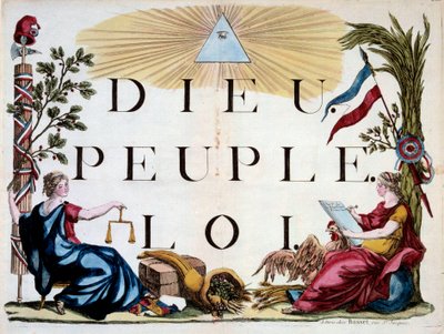 Fransız Devrimi: Tanrı, Halk ve Hukuk, Fransa, Adalet, Bolluk ve cumhuriyet alegorilerini aydınlatan ilahi üçgen. 1794