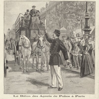 Paris sokaklarında trafiği yönlendirmek için copunu kullanan Fransız polisi (gravür) by French School