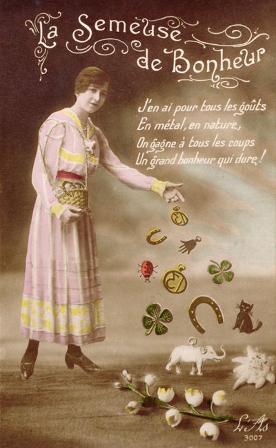 La Semeuse de Bonheur'u (İyi Şans Ekicisi) tasvir eden Fransız kartpostal, 29 Mart 1914 by French School