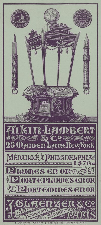 Fransız ticari kart reklamı Aikin Lambert kalemler, kalemlikler ve hareketli kurşun kalemler (lito) by French School