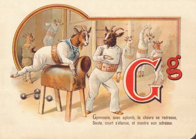 G: Jimnastikçi, aplomb ile, keçi düzeltir, zıplar, koşar ve yeteneğini gösterir by French School