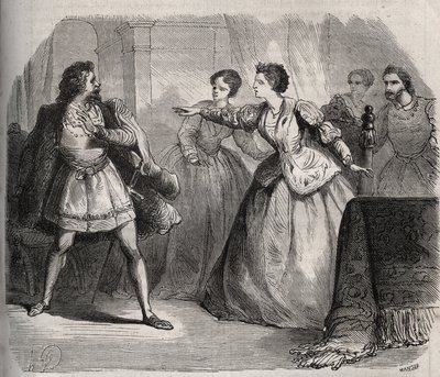 Gabrielle de Vergy, kuzeni Albert de Nozereau ile olan arkadaşlığını kıskanan nişanlısı Eudes de Fayel ile tartışır. 12. yüzyıl efsanesinden bir sahne. Henry de Kock'un (1819-1892) "Histoire Des Cocus Celebres" adlı eserinde 1871'den kalm by French School