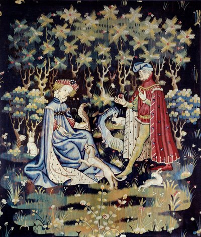 Galante sahnesi: “kalbin sunumu”” Arras'taki bir atölyeden yün ve ipek duvar halısı - 1400-1410 Dim 2,4x2 m Paris, Musee du Louvre by French School