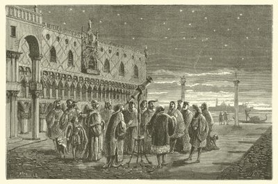 Galileo, Jüpiter'in uydularını Venedik Senatörlerine gösteriyor (gravür) by French School