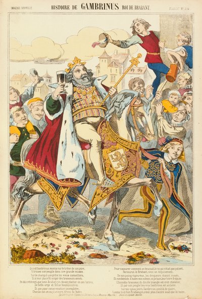 Gambriunus, efsanevi Flanders Kralı, Verlag Haguenthal tarafından yayınlanan geniş sayfa, Pont-a-Mousson, 1860 by French School