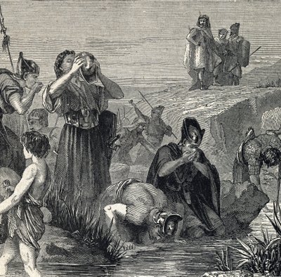 Gedeon (Gideon) Tanrı tarafından Madyanlıları yenmeye çağırılır, askerlerini ağzına su taşırken içenler arasından seçer (Gideon veya Gedeon askerlerini sadece ağzına suyu kaldıranları tutarak seçer ve bunu yaparken dra by French School