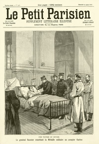 General Saussier, görevi sırasında yaralanan Garbez adlı bir itfaiyeciye Fransız Askeri Madalyası veriyor (gravür) by French School